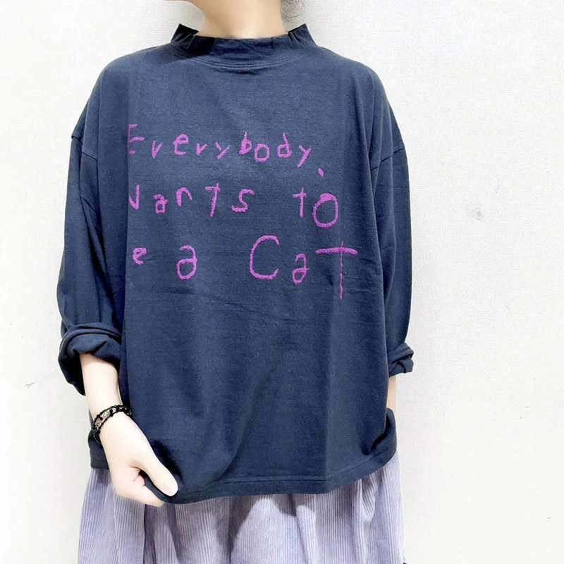 

Loose Comfortable Long Sve T-irt Women's Bamboo Cotton Japanese Sle Letter Print Casual Faion Autumn New Arrival