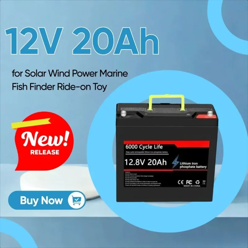 

New LiFePO4 Lithium Battery 12V 20Ah DeepCycle Rechargeable Battery with BMS for Solar Wind Power Marine Fish Finder Ride-on Toy