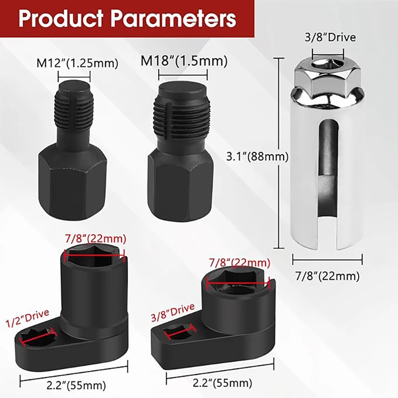 22MM 自動車用酸素センサーソケット、スレッドチェイサーとオフセットレンチ付き、1/2インチと3/8インチドライブスレッド、O2センサー取り外し取り付け用、5点セット