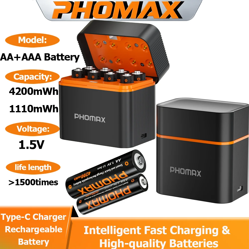 PHOMAX AA/AAA Li-ion Rechargeable Battery Smart Charger &1.5V AA 4200mWh AAA 1110mWh Capacity Batteries for Remot Control Toys