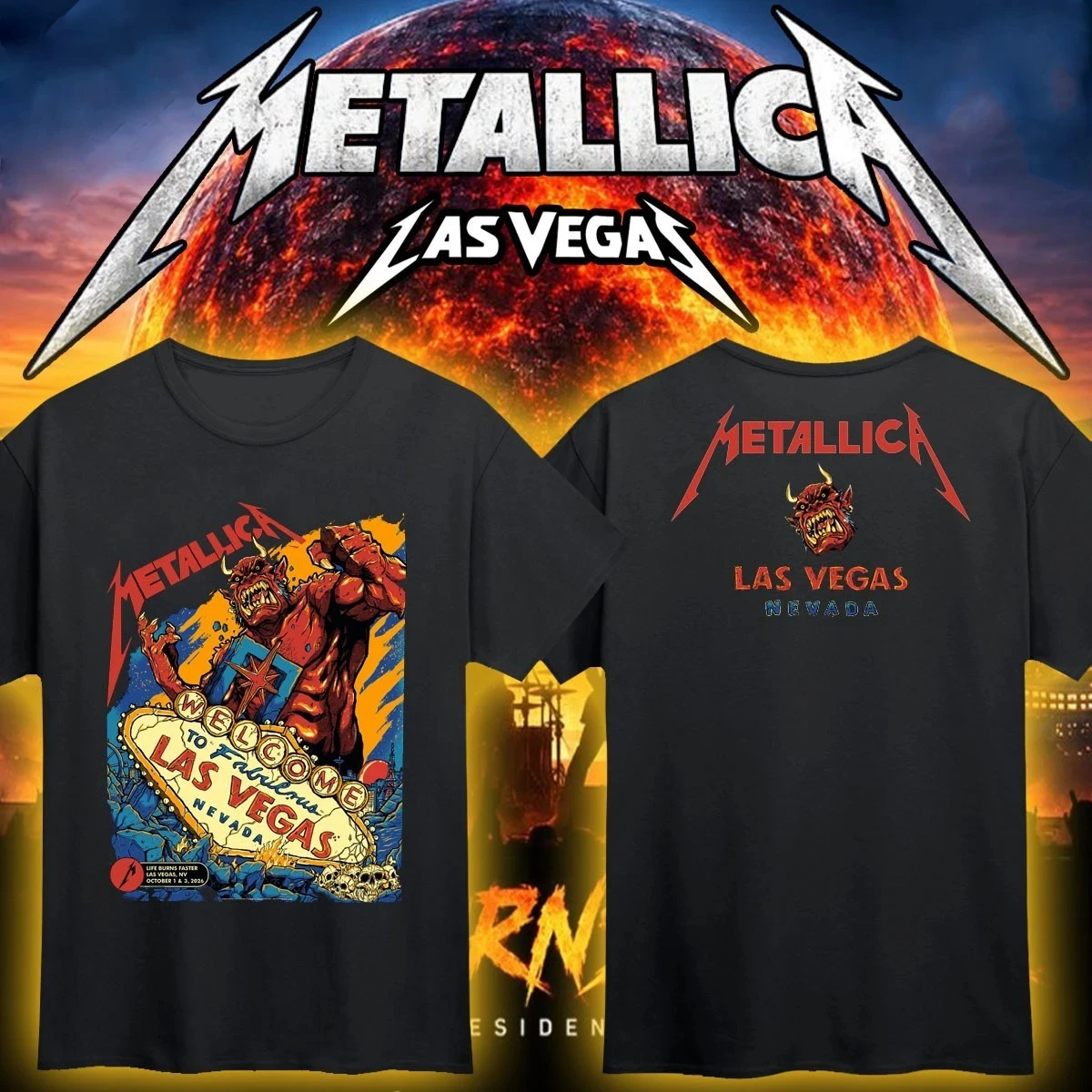 Metallica Life Burns Faster 2026 Las Vegas Tour T-Shirt Demon Monster Graphic Double Sided Print Unisex Heavy Metal Rock Band