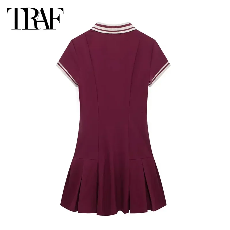 TRAF Stripe Pleated Mini Dress Women\'s Dresses Winered Short Dresses 2024 Summer Autumn Ladies Fashion Casual Short Sleeve Dress