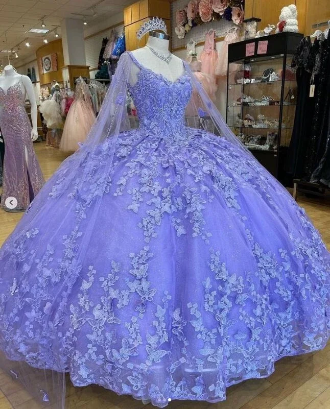 ANGELSBRIDEP Lila Lavendel Prinses Quinceanera Jurken met Cape Kralen Vlinder 3D Bloemen Geappliceerd Vestidos Para xv Años