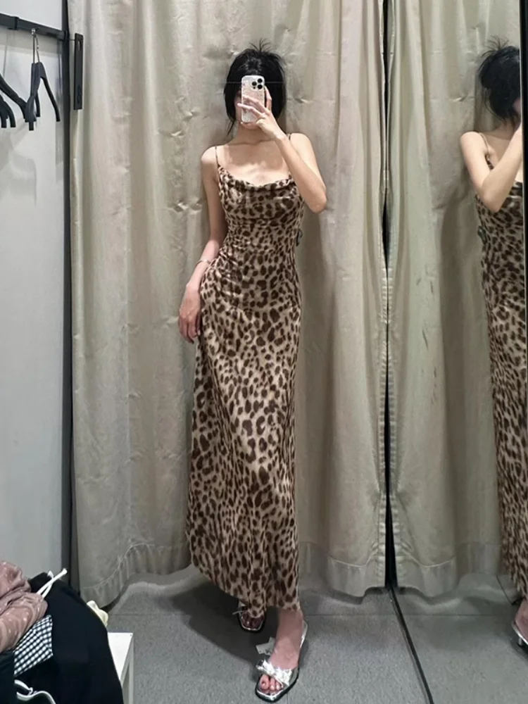 

Весенне-летнее новое сексуальное длинное платье с леопардовым принтом и высокой талией из полиэфирного волокна трапециевидной формы с ремешком для женщин
