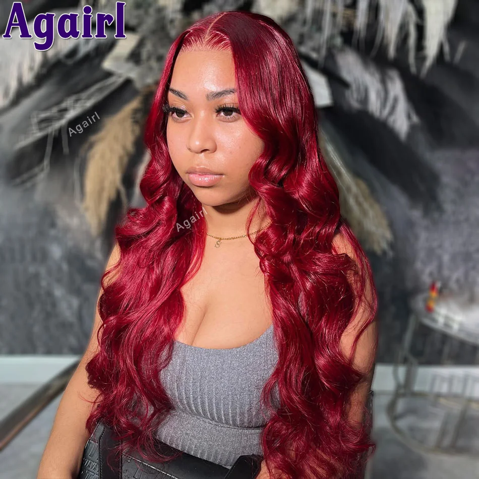 Transparent 13x6 13x4 Body Wave Lace Frontal Human Hair Wigs Cherry Red Ready To Go 6X4 Lace Closure Wigs 200%  For Women 34Inch