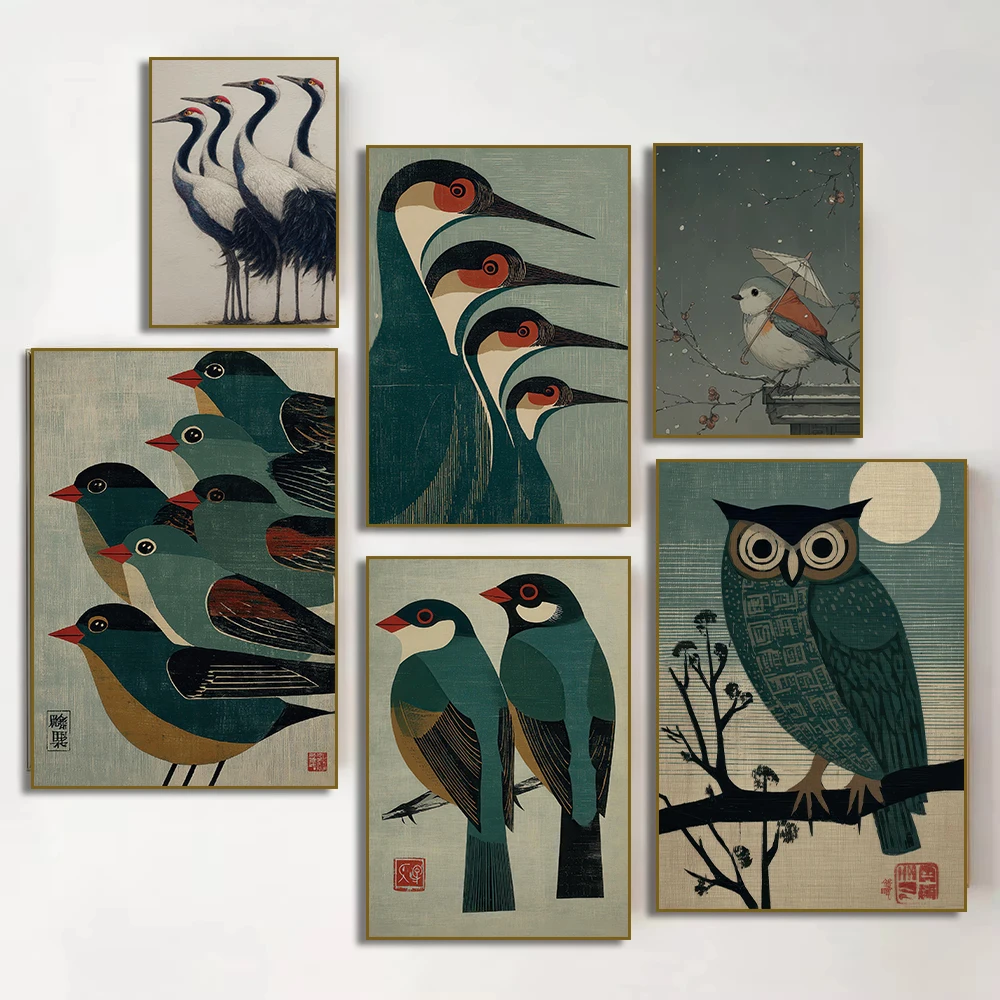 Japanisches Kranich-Eulen-Poster, Holzschnitt-Naturillustration, Leinwanddruck, Wandkunst, Bilder für Wohnzimmer-Dekoration