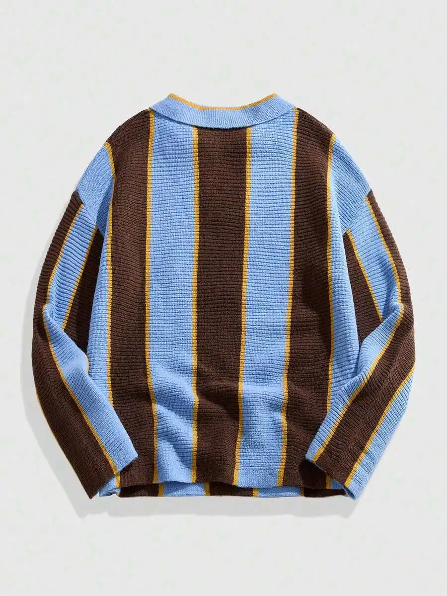 Men's Green Brown Striped Collared Knit Sweater with Embroidered Script Design, Casual Streetwear Style