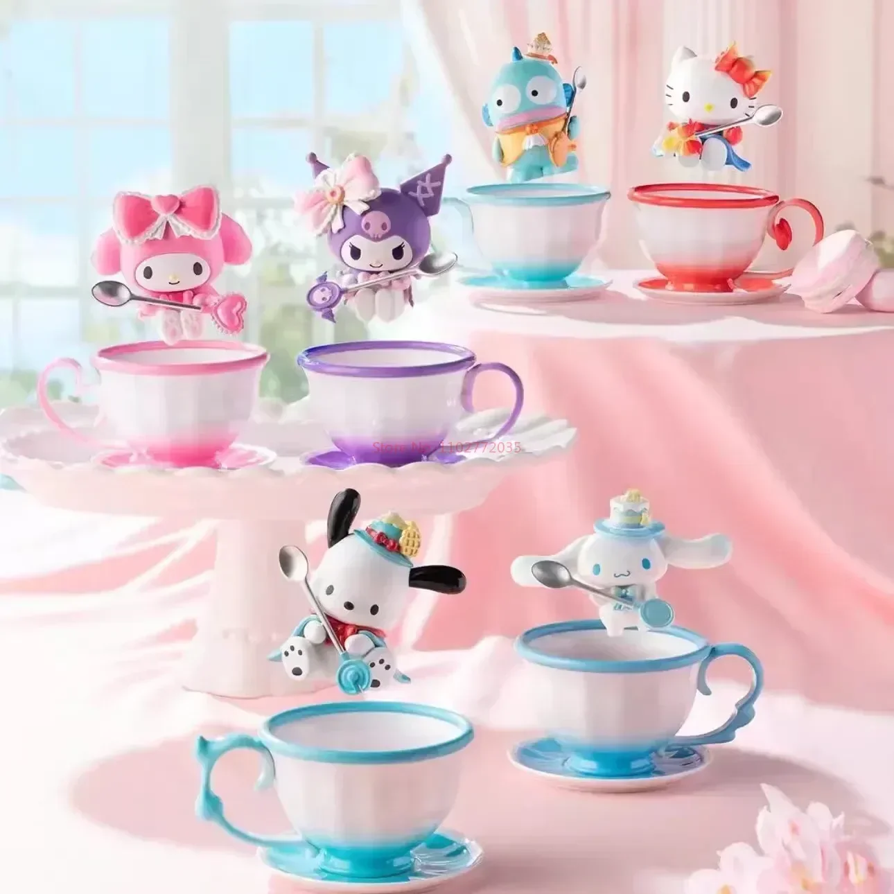 Cute Sanrio Tea Cup Elf Series Figure Kuromi My Melody Pochacco Cinnamoroll Hello Kitty Hangyodon Figurine Anime Doll Model Toys