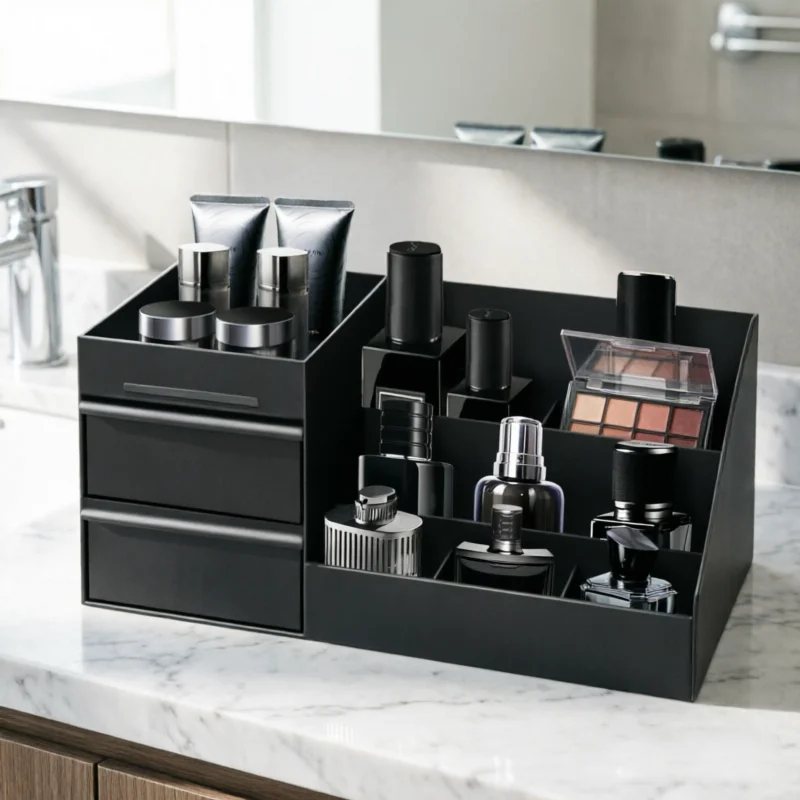 Premium Black Plastic Makeup Organizer with Drawers – Multi-Compartment Desktop Storage for Cosmetics, Skincare, Brushes & Toothbrushes – 11.1' X 6.9' X 4.9' Vanity Tray for Bathroom, Dorm & Office