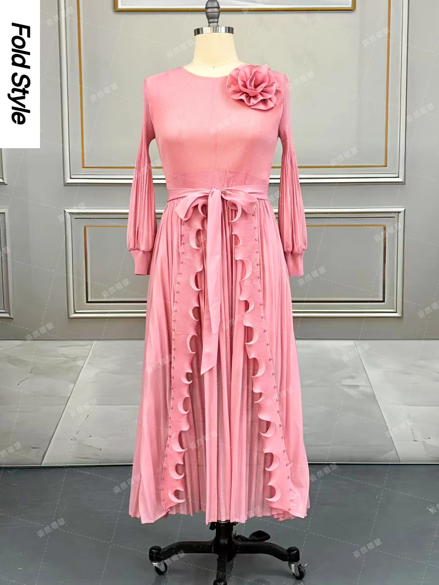 

Plus Size Clothes Evening Dresses Woman Luxury Prom Gowns Elegant Miyake Fashion Female Long Sleeve Dress Pleated Clothing 2025