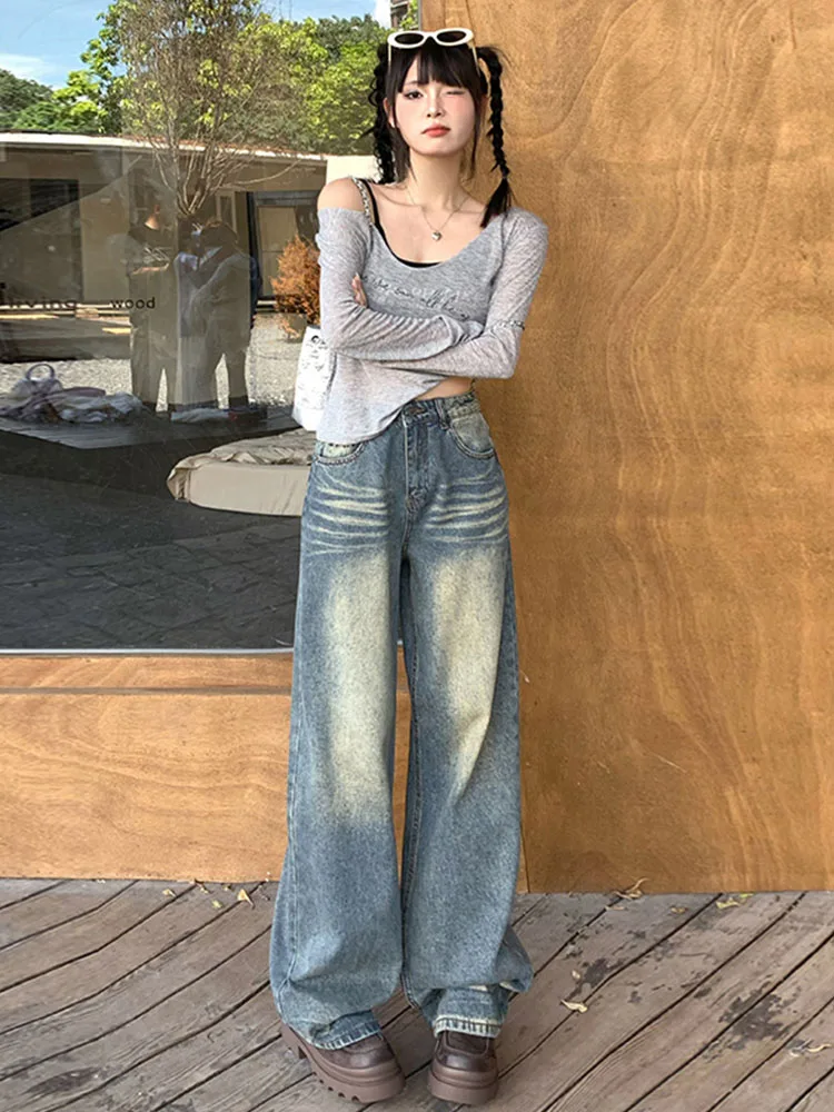 French Style High Quality Bleached Washed Jeans Women Sexy High Waist Wide Leg Pants Winter Design Casual Cozy Denim Trousers