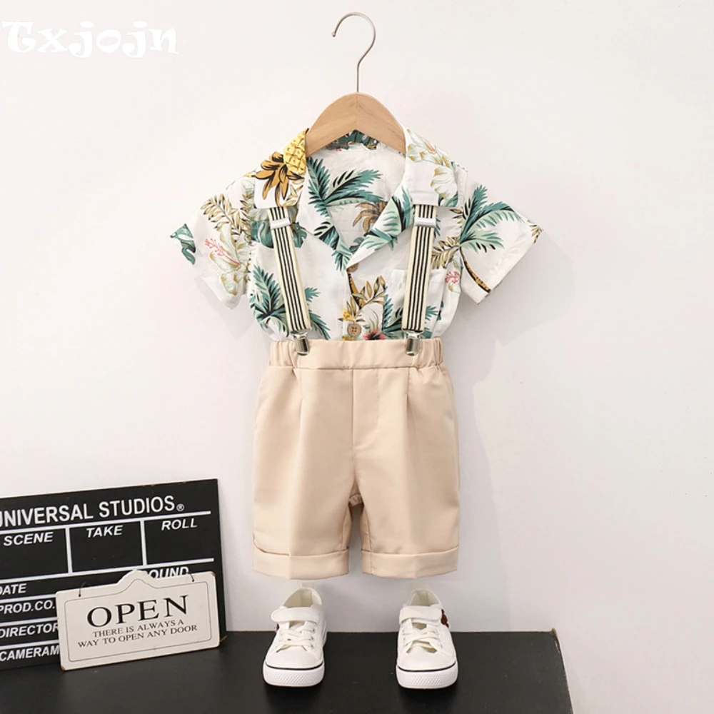 

Hot Sale Kids Printed Shirt Pants With Straps 3 Pieces Stage Performance Wear Handsome Boys Overalls Sets Outdoor Activities
