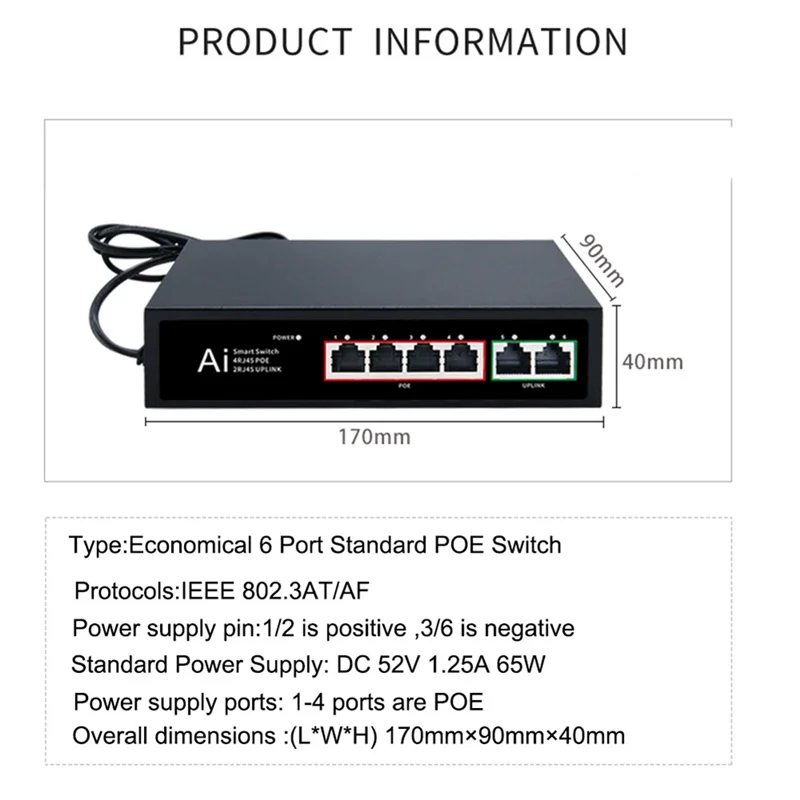 A45U POE Switch 100Mbps Ethernet Switch POE Splitter IEEE 802.3Af/At untuk Kamera IP Nirkabel AP Wifi Router US Plug