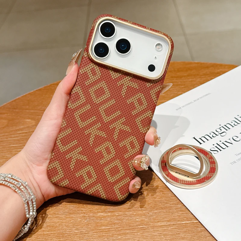 Voor iPhone 17 16 15 Pro Max Case Luxe Koolstofvezel Textuur Magnetische Harde PC Legering Lens + Ring Stand Achterkant voor iPhone 17