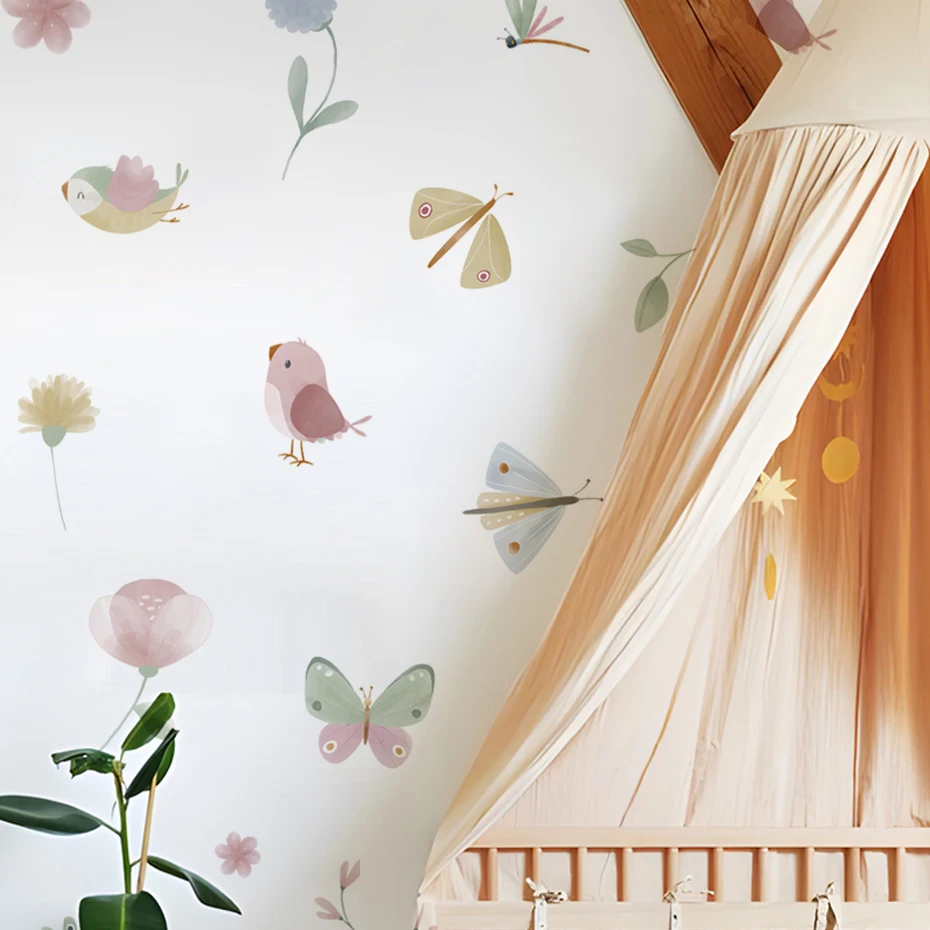 Pink Butterfly Flowers Birds Wall Stickers for Girls Kids Bedroom Wall Decals Wall Art Home Decoration Nursery Wallpapers