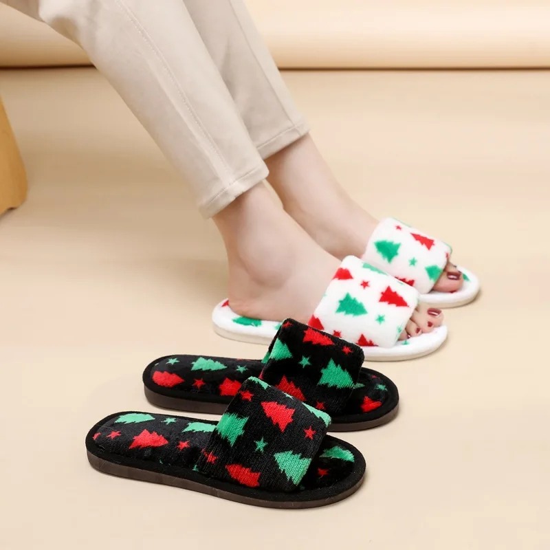 2026 Christmas Tree Fuzzy Slippers For Women Open Toe House Slippers Cozy Fur Flat Slides Thick Sole Plush Bedroom Shoes