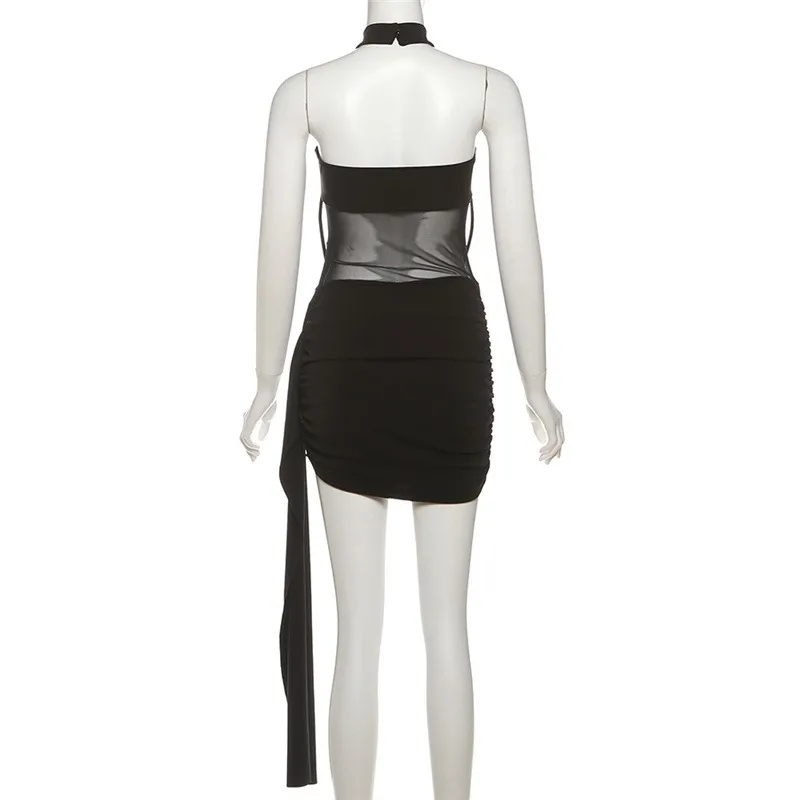 Sheer Mesh Patchwork Straps Halter Backless Ruched Bodycon Mini Dress Women Sexy Strapless Side Ribbon Slim Party Clubwear