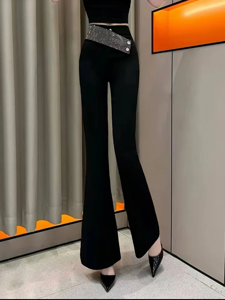 

Женские брюки-клеш с высокой талией, украшенные стразами, облегающие, модные, универсальные, весна 2025