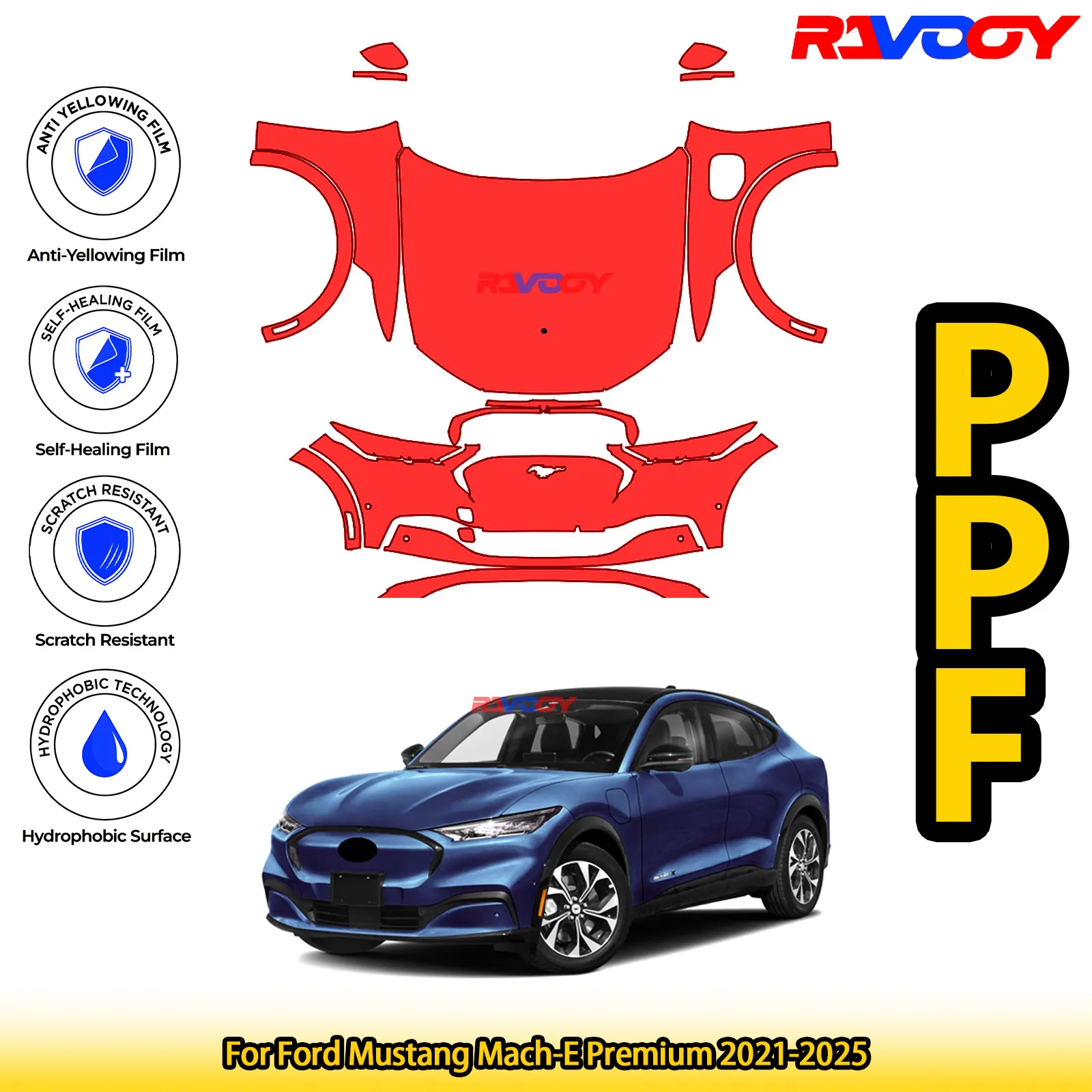 For Ford Mustang Mach-E Premium 2021-2026 Glossy Matte Black Precut Front PPF Kit Paint Protection Film 8.5mil Clear Bra TPU