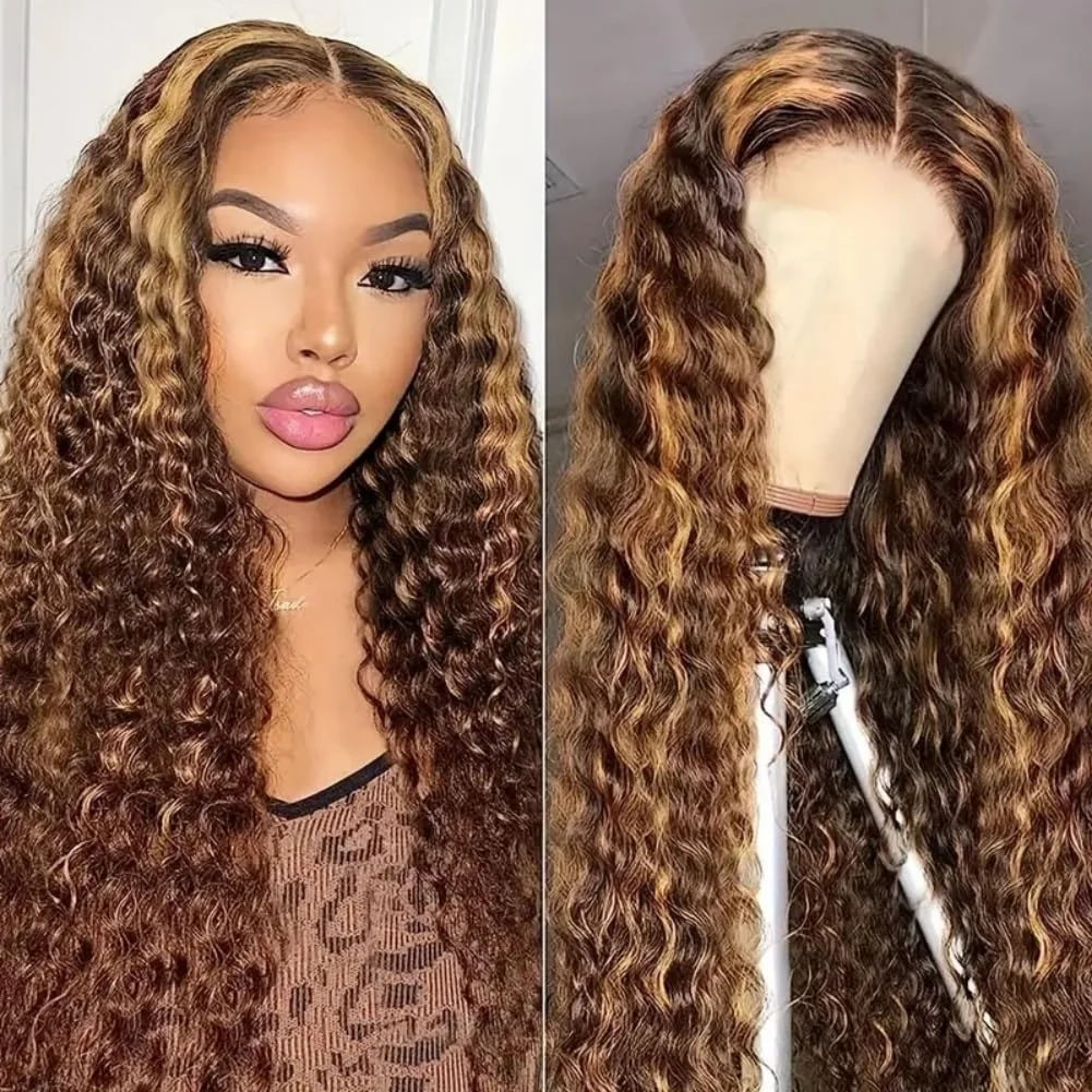 

Deep Wave 5×5 Highlight Lace Front Wigs Human Hair Transparent 220 Density Honey Blond 13×4 Pre Plucked Lace Frontal Wig 4/27