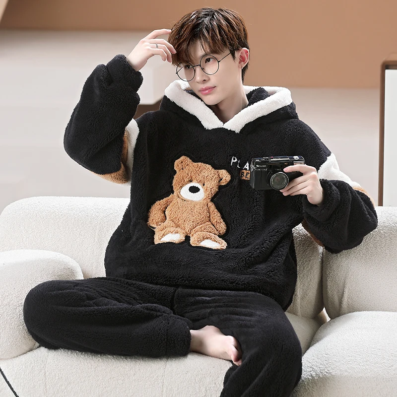 2024 Men\'s Sleepwear For Sleeping Male Winter Coral Plush Boy Pijamas Thicken Plush Loungewear Cartoon Student Warm Homewear Set