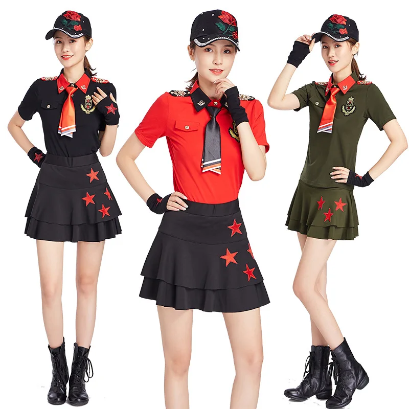 summer-new-square-dance-practice-performance-set-sailor-dance-outfit-collared-short-sleeve-t-shirt-short-skirt-women's-top