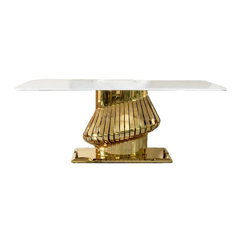 

Italian light luxury marble dining table household villa high-end gold stainless steel dining table