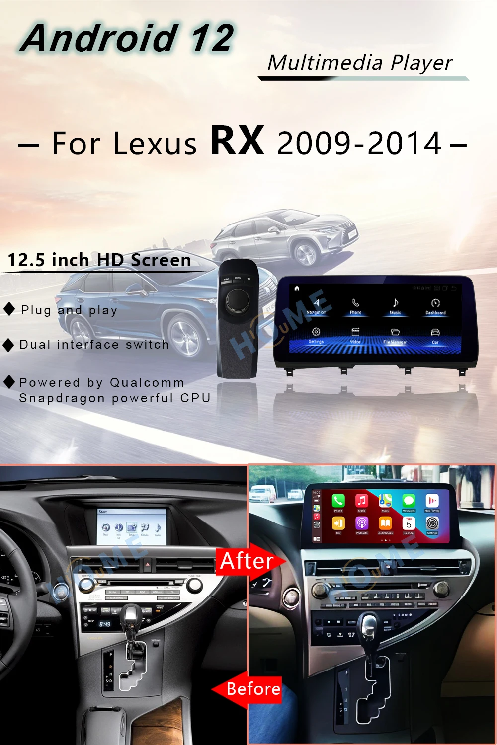 12.5 Inch Android 12 Qualcomm Snapdragon Autoradio voor Lexus RX RX200T RX270 RX300 Multimedia Video Player CarPlay Autoradio