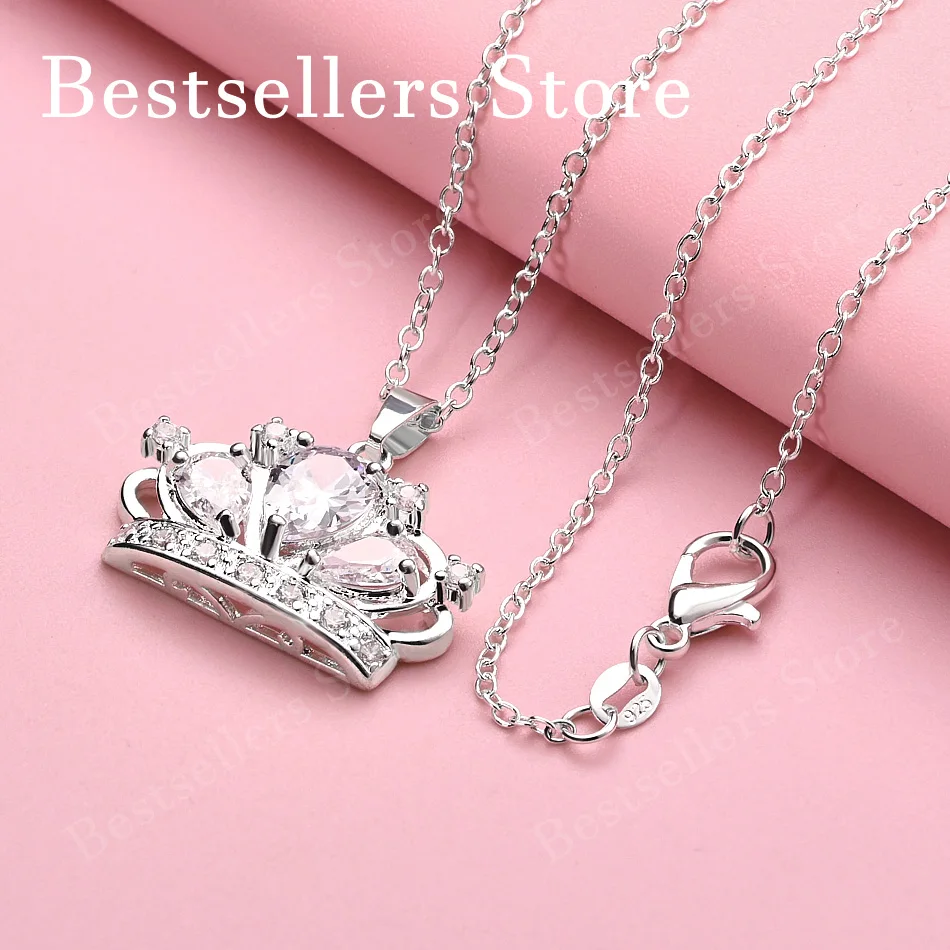 925 sterling silver 16-30 inch luxury crown zircon pendant necklace for women's fashion wedding accessories and jewelry