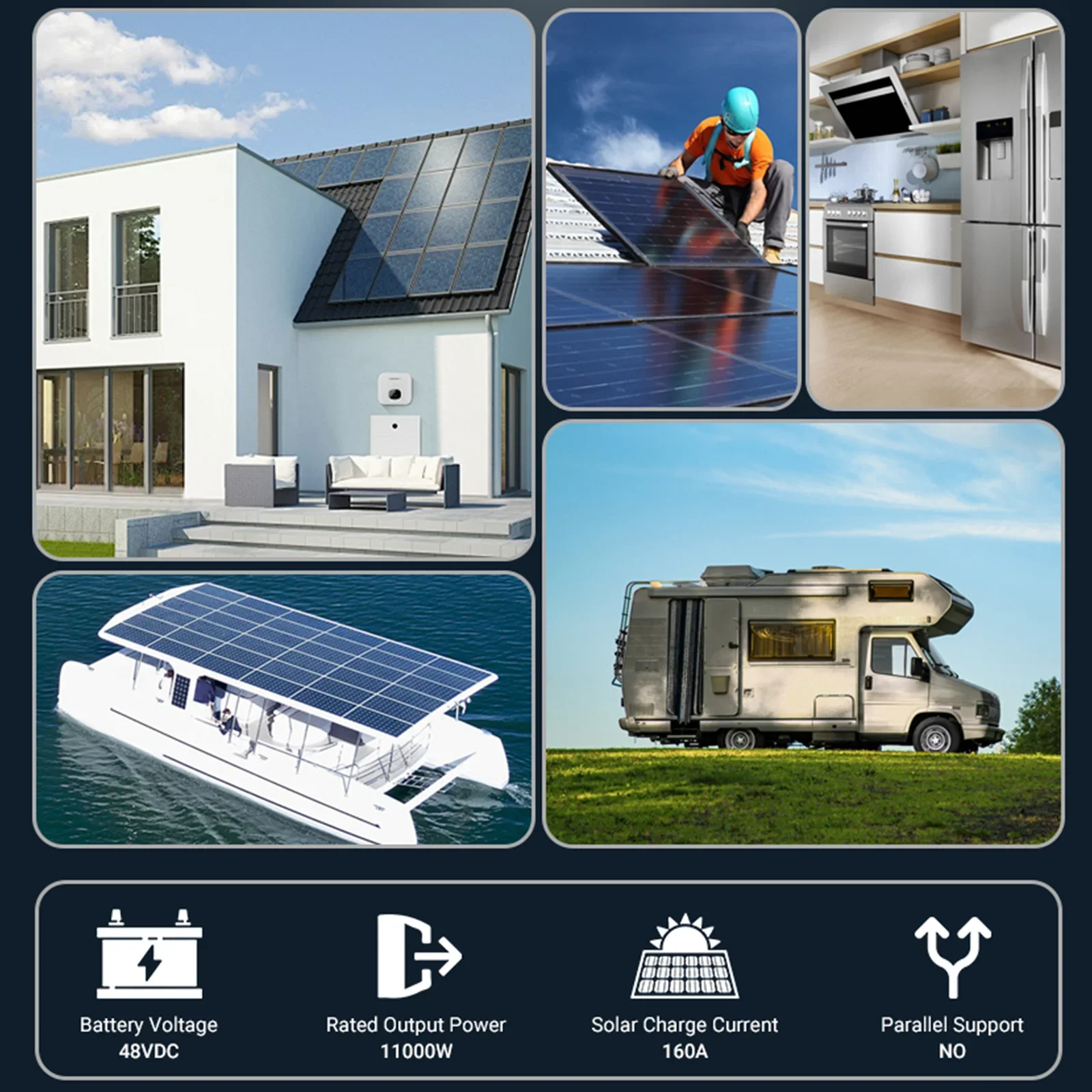 11KW 48V Hybrid Solar Inverter With 2 MPPT 160A Solar Charge Controllers Pure Sine Wave On/Off Grid Inverter For 220VAC PV 500V