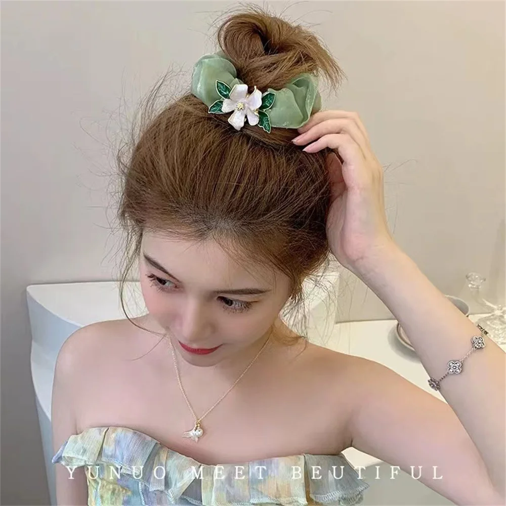 Fashion Rhinestone Square Hair Rope Elegant Heart Flower Yarn Hairband For Women Girls Headband Scrunchies Hair Accessories Gift