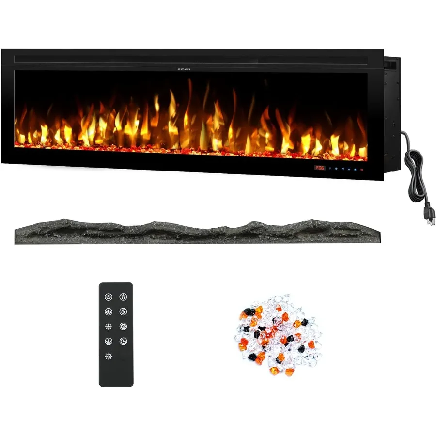 

50-дюймовый электрический камин, настенный и вставной электрический камин со смешанным цветовым пламенем, регулируемой яркостью и скоростью, время 0-8 часов