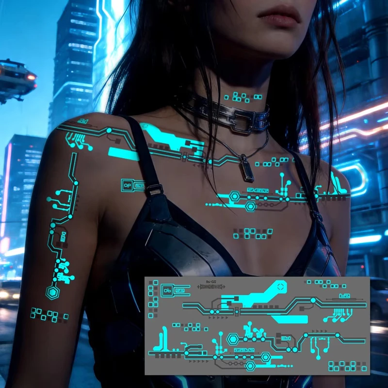 Tattoos Stickers Large Glow In Dark Cyberpunk Mechanical Temporary Tattoos Sci-Fi Robot Line Waterproof Stickers for Cosplay