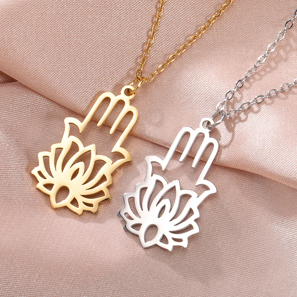 1pc Hamsa Hand Hamsa Hand of Fatima Lotus Yoga Buddha Necklace Good Luck Jewelry Stainless Steel Spiritual Amulet