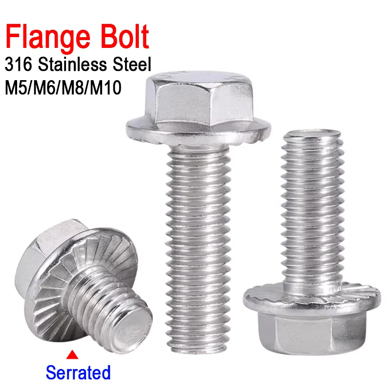 1/2/3/5/10Pcs 316 A4 Stainless Steel GB5789 Serrated Flange Hex Head Bolt M5 M6 M8 M10 Length 8/10/12/16/20/25/30/35/40/45/50mm