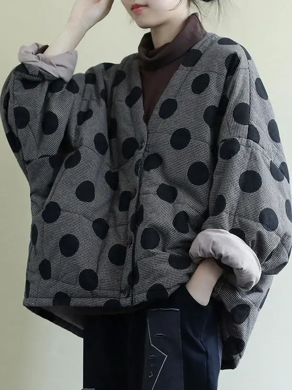 

plus Size Women's Cotton Jaet Thiened V-Ne ort Outerwear Retro Polka Dot Print Loose Fit Autumn Winter Faionable