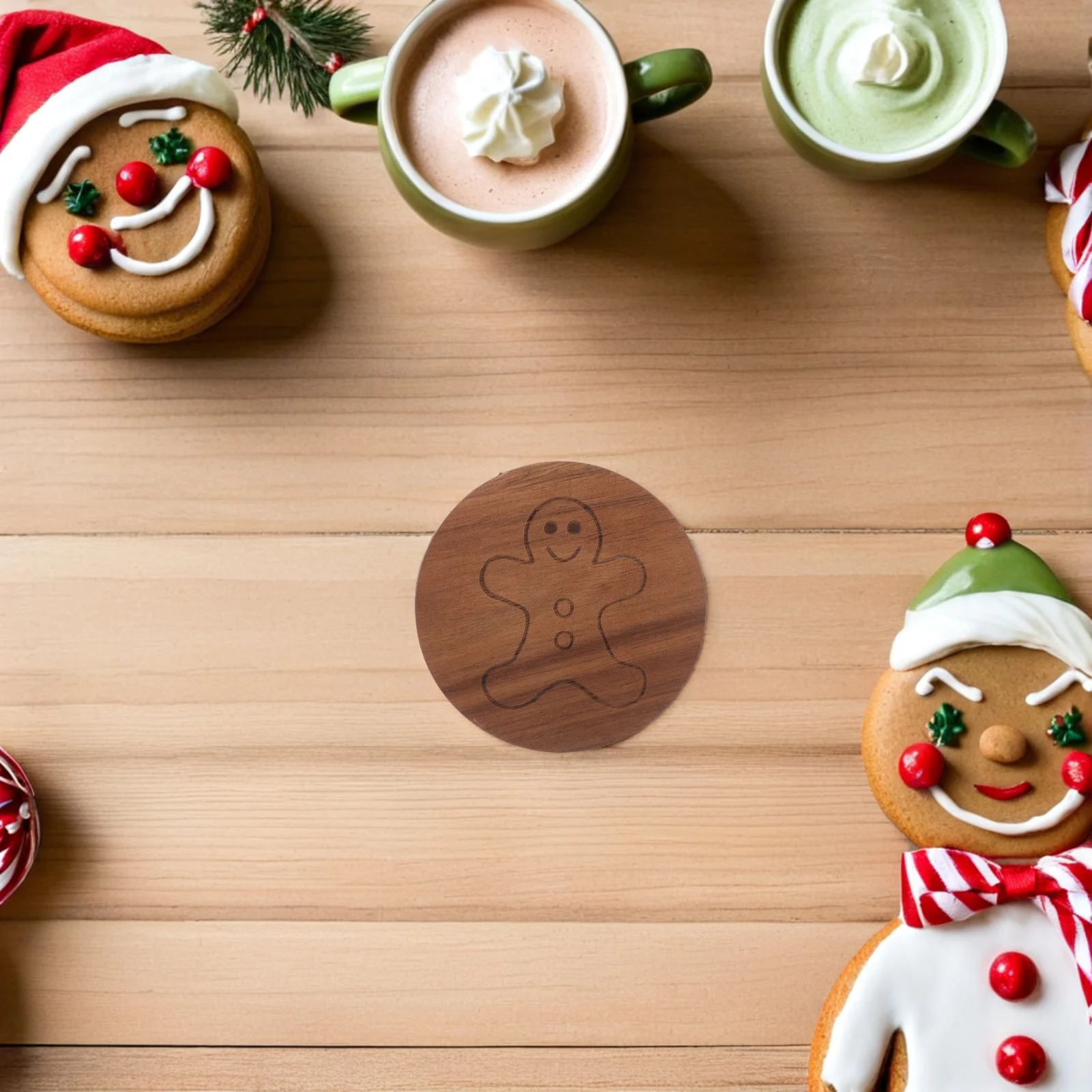 

Gingerbread Man Cup Coaster Wooden Xmas Coffee Mat Non Slip Round Table Protection Holiday Kitchen Decor Cup Mat Wood