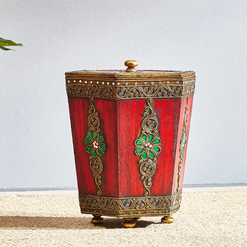 

South East Asia wood carving trash can with lid, retro Chinese Zen living room kitchen household carved storage bucket
