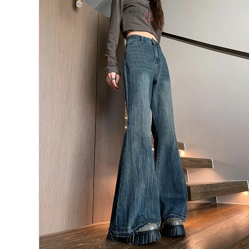 

Джинсы в стиле ретро, женские осенне-зимние 2022, новые американские утягивающие флисовые брюки с высокой талией и широкими штанинами, обтягивающие слегка расклешенные брюки