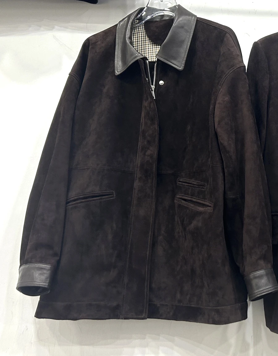 2025 레트로 양가죽 브라운 여성용 재킷 트렌디 키즈 스웨이드 코트 스트릿웨어 여성용 슈트 칼라