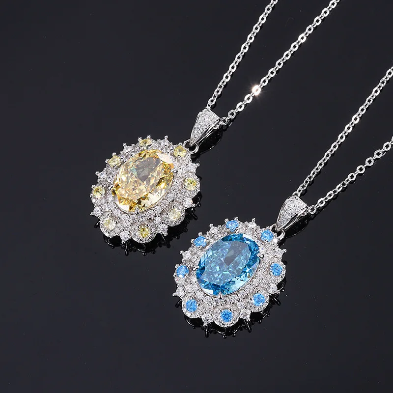 S925 Silver Colorful Treasure High Carbon Diamond Yellow Diamond Radian Cut Color Separation Pendant Necklace 10 * 14