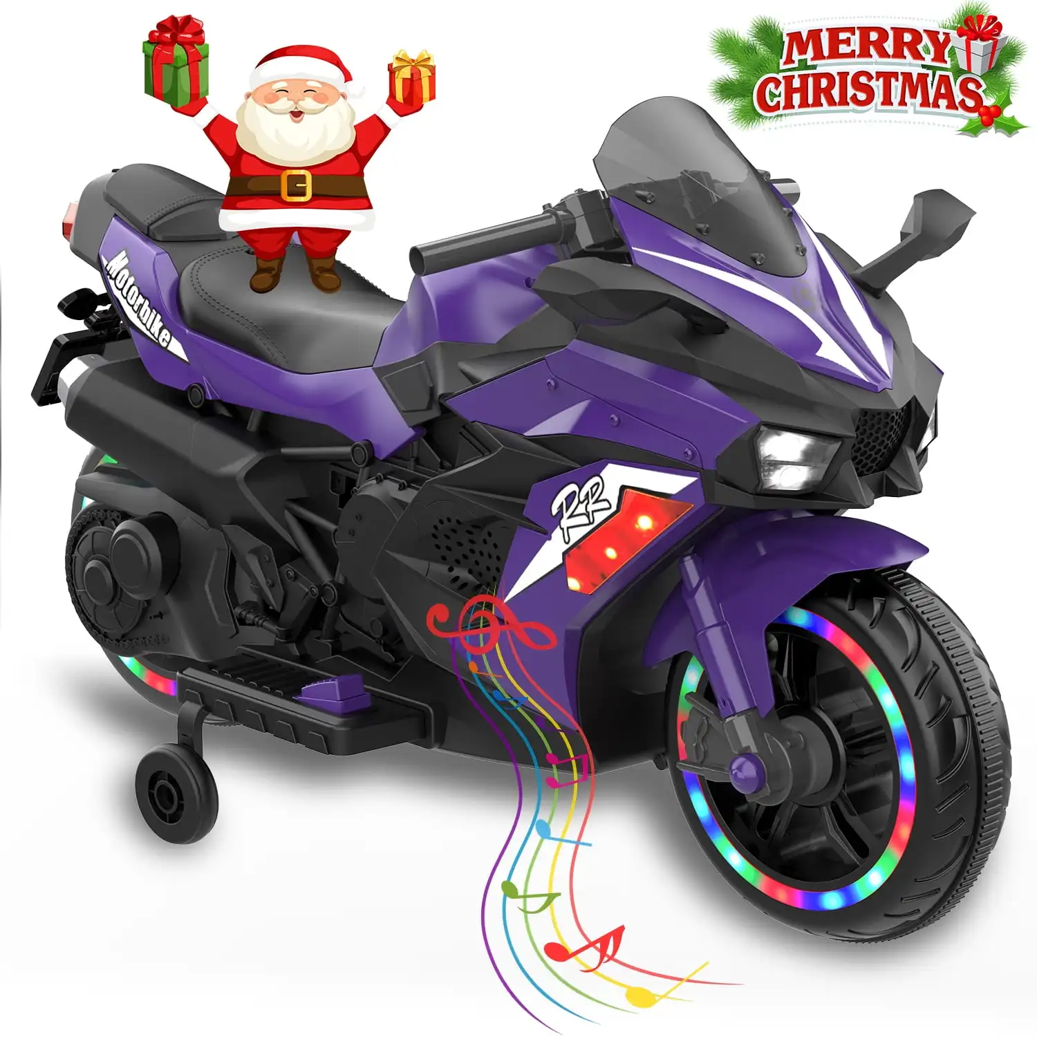 Motocicletta da 12 V per bambini, giocattolo da corsa alimentato a batteria con luci, suoni, ruote da allenamento, Bluetooth, dai 3 anni in su