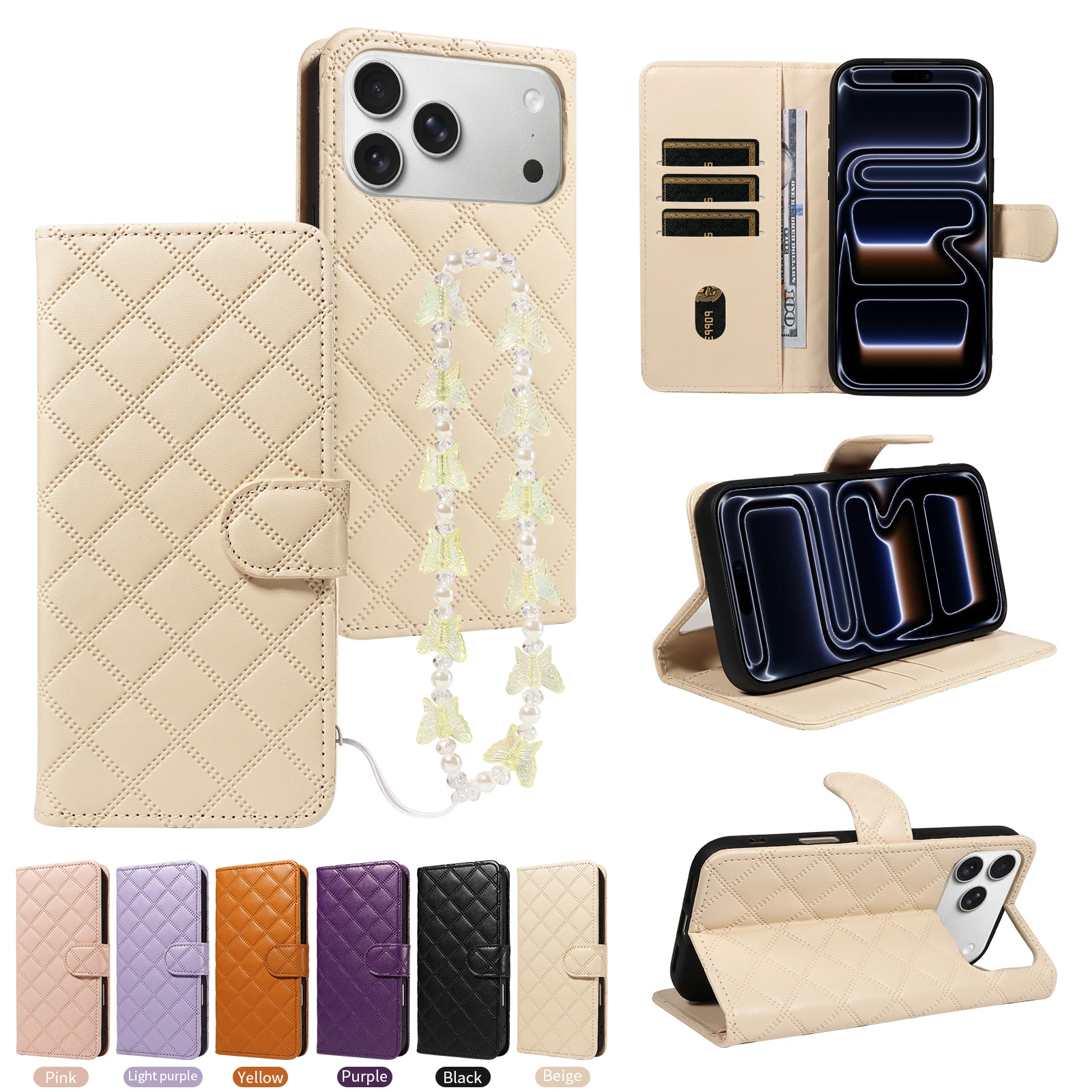 Leder-Handyhülle mit Handschlaufe für iPhone 17 16 15 14 13 12 11 Pro Max Plus Mini, stoßfestes und vibrationsbeständiges Design