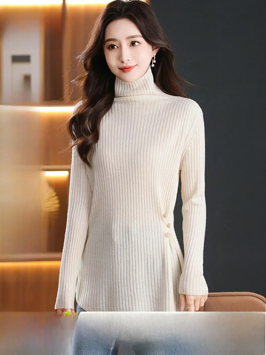 

Fashionable High Neck Asymmetric Design 100% Wool Women's Sweater SNOW FLYING Autumn Winter Long Sleeve Regular Length