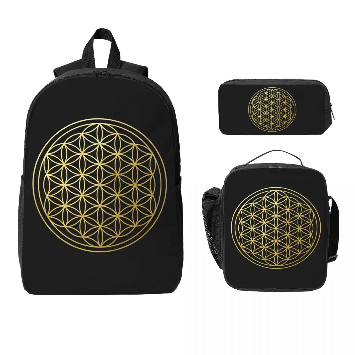 

The Flower Of Life Gold Mandala Backpack Boys Girl BookBag School Bag Computer Shoulder Bags 3ps Insulated Lunch Bag Pencil Case