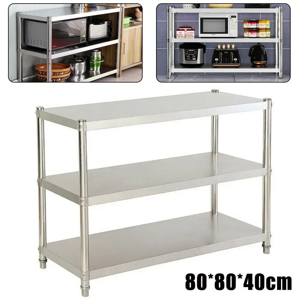 

3/4Layers 80x80x40cm 201 Stainless Steel Shelf 50kg Load Stable Heavy-duty Easy Clean Reinforced Struts Pantry Kitchen Use