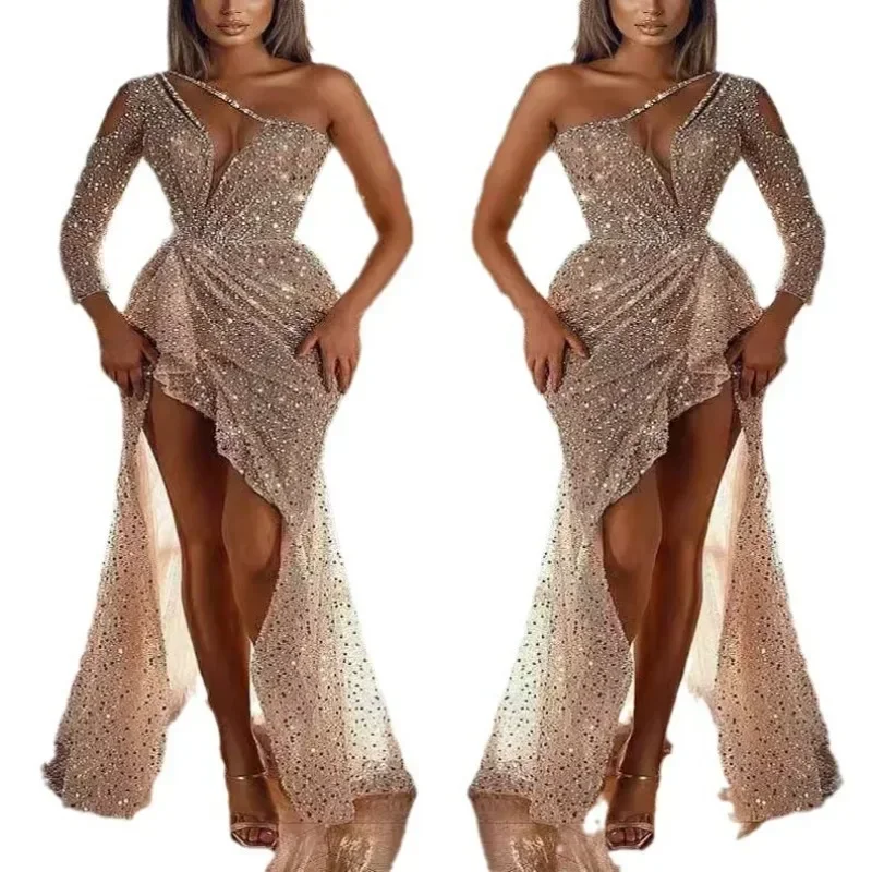 

2024 Dream Party High Quality Sexy High Slit Long Sleeve Sequin Dinner Gown