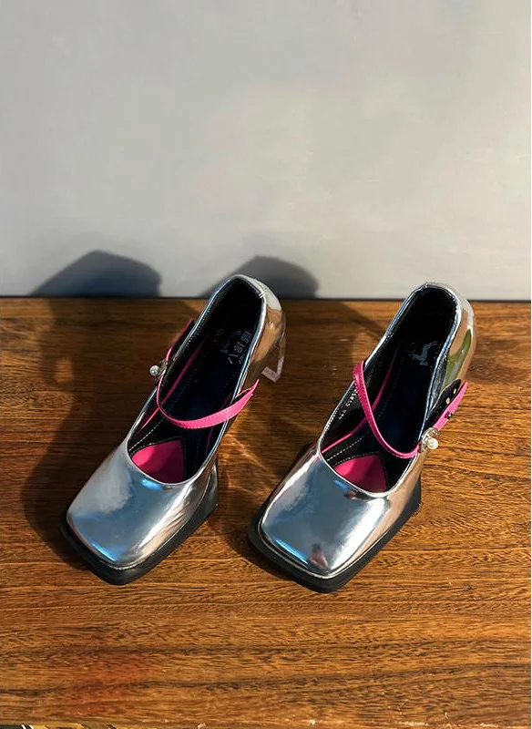 

Women's Bespoke Metallic Mary Jane High Heel Shoes with Pink Buckle Strap Unique Clear Heel for Party Wedding Evening Event