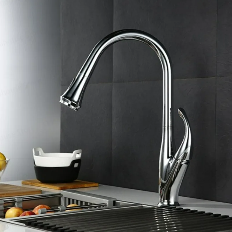 High End Swan Style Kitchen Faucet with Pull Down  Hot Cold Sink Mixer Tap Stainless Steel Retractable Nozzle