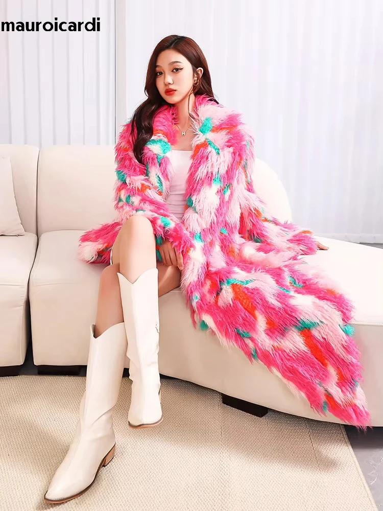 Mauroicardi Winter Luxury Oversized Extra Long Colorful Multicolored Thick Warm Fluffy Shaggy Hairy Faux Fur Coat Women Sashes